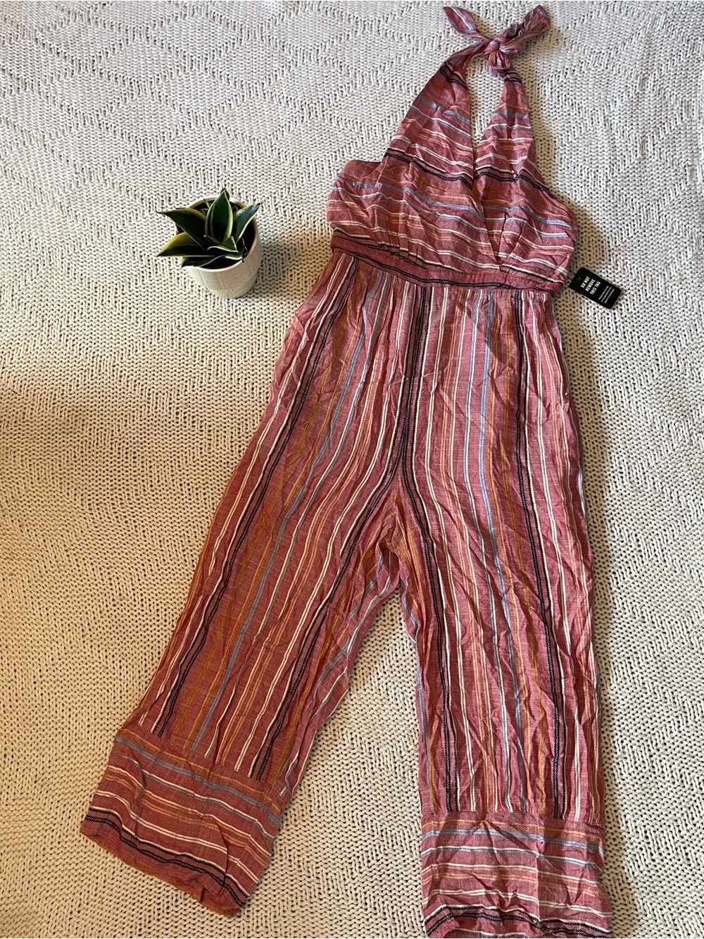 Express Pink Stripe Halter Jumpsuit Wide Leg Smocked Back Women’s Small NWT